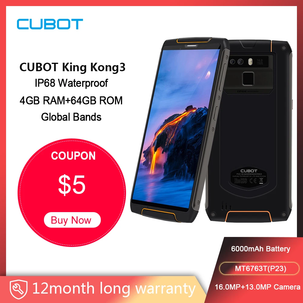 Cubot King Kong 3 защитный телефон IP68 Водонепроницаемый пылезащитный NFC 6000 мАч, 4 Гб+ 64 Гб type-C быстрая зарядка MT6763T Octa core KingKong