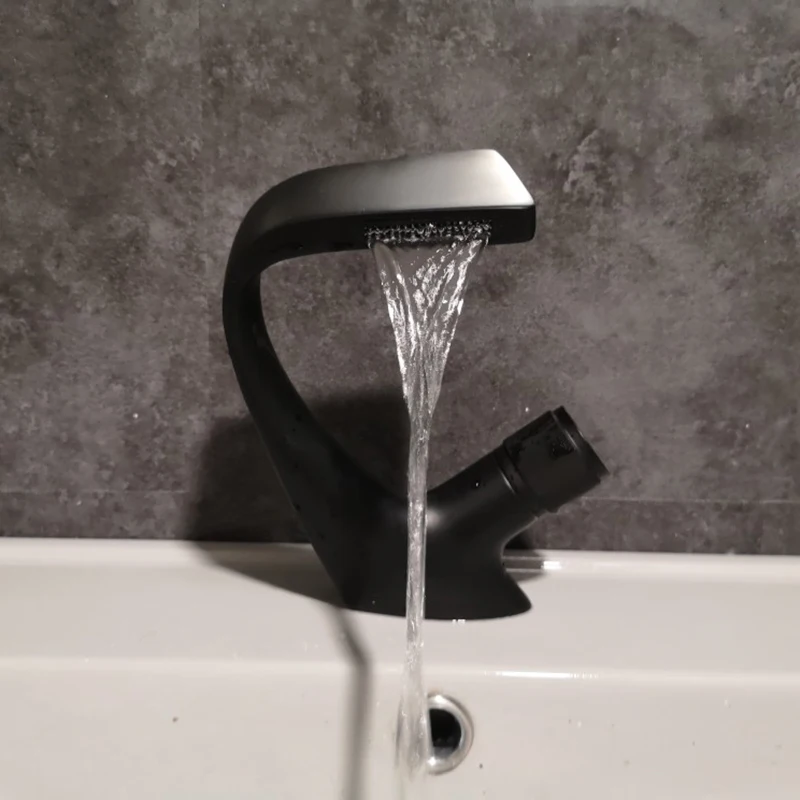 

Black Faucet Bathroom Sink Faucets Hot Cold Water Mixer Crane Deck Mounted Single Hole Bath Tap Chrome Finished