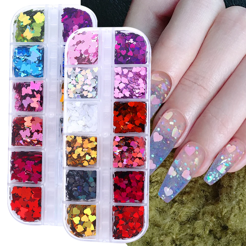 

12 Grids 3D Love Heart Butterfly Flakes Nail Art Glitter DIY Laser Ultra Thin Sequins Holo Decor Decoration for Design Manicure