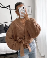 women solid knitted cardigans autumn winter casual criss cross v neck bandage women sweater jackets simple short sweaters 2020