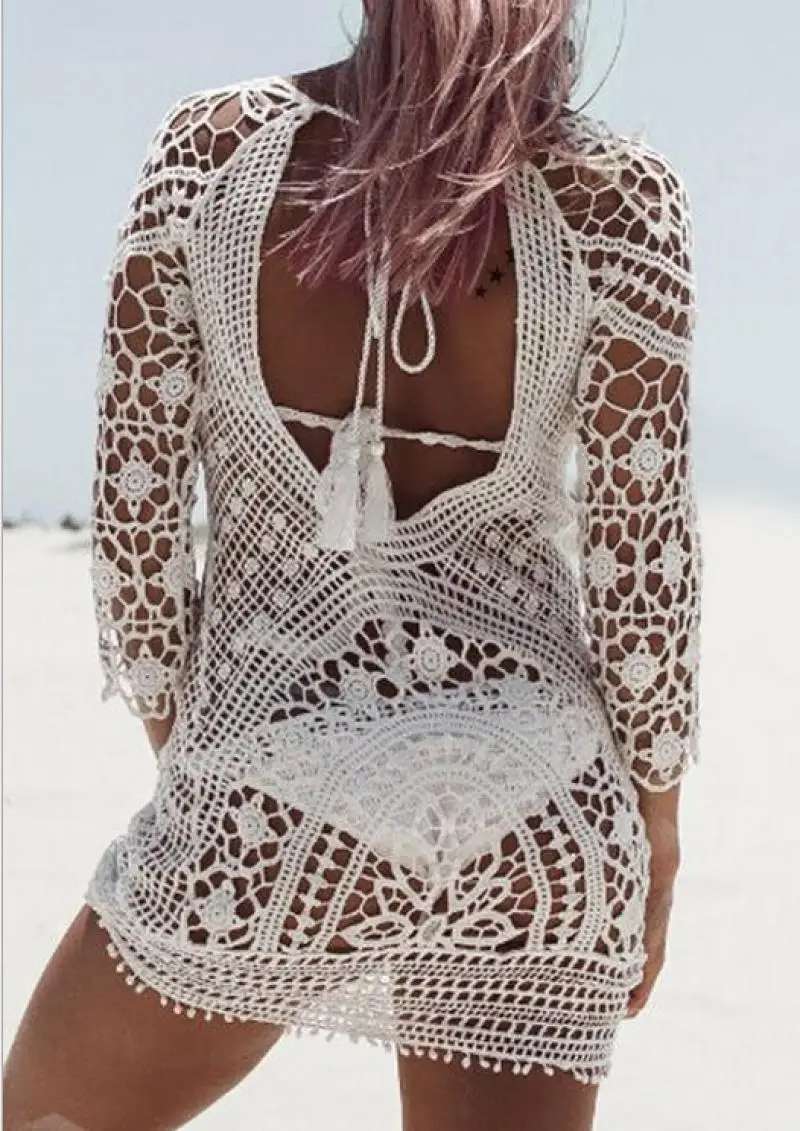 

2021 Sexy Black Lace Crochet Knitted Backless Tunic Beach Cover Up Cover-ups Beach Dress Beach Wear Beachwear Female Women
