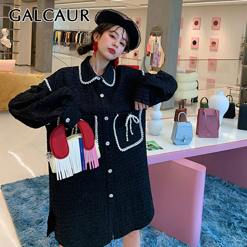 

GALCAUR Korean Fashion Patchwork Pearls Jackets For Women Lapel Collar Long Sleeve Single Breasted Coats Female Clothing 2021