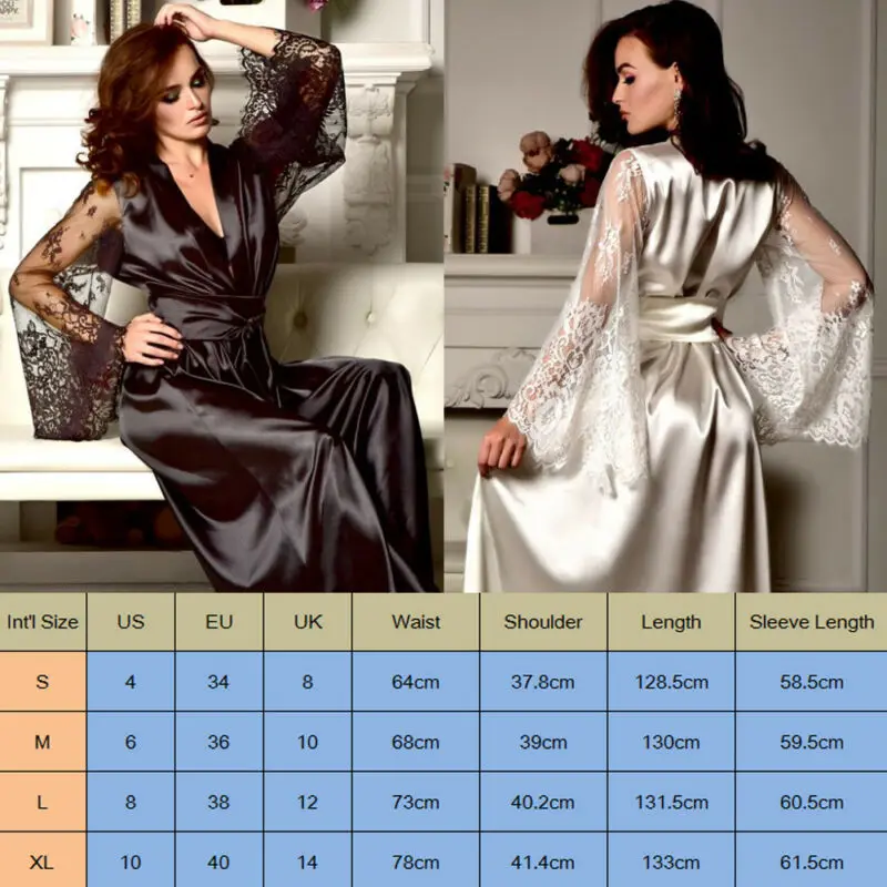 2019 Brand New Women Sexy Sleepwear Nightgown Pajamas Satin Silk Babydoll Hollow Lace Robes Autumn Winter Sleep Dress S-XL | Женская