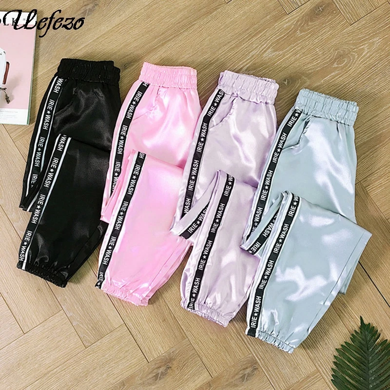 

Uefezo Summer Big Pocket Satin Highlight Pants Women Glossy Sport Ribbon Trousers BF Harajuku Joggers Women's Sports Pants