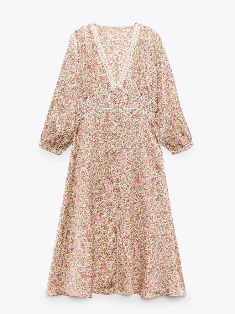 

Женское платье с пышными рукавами ZA, ажурное платье с цветочным принтом и кружевом в сельском стиле