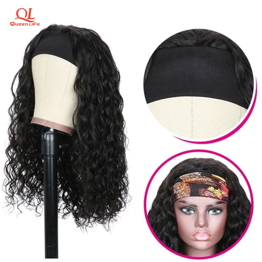 

Queenlife hair 100% Human Hair Headband Wig Water Wave Human Hair Wig No plucking wigs for womenNo Glue & No Sew In More hairs