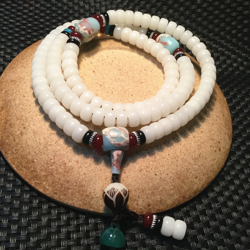 

108 White Bodhi Root Beads Bracelet Lotus Mala Necklace Buddhist Prayer Rosary Strand Bracelets for Women Buddha Meditation Gift