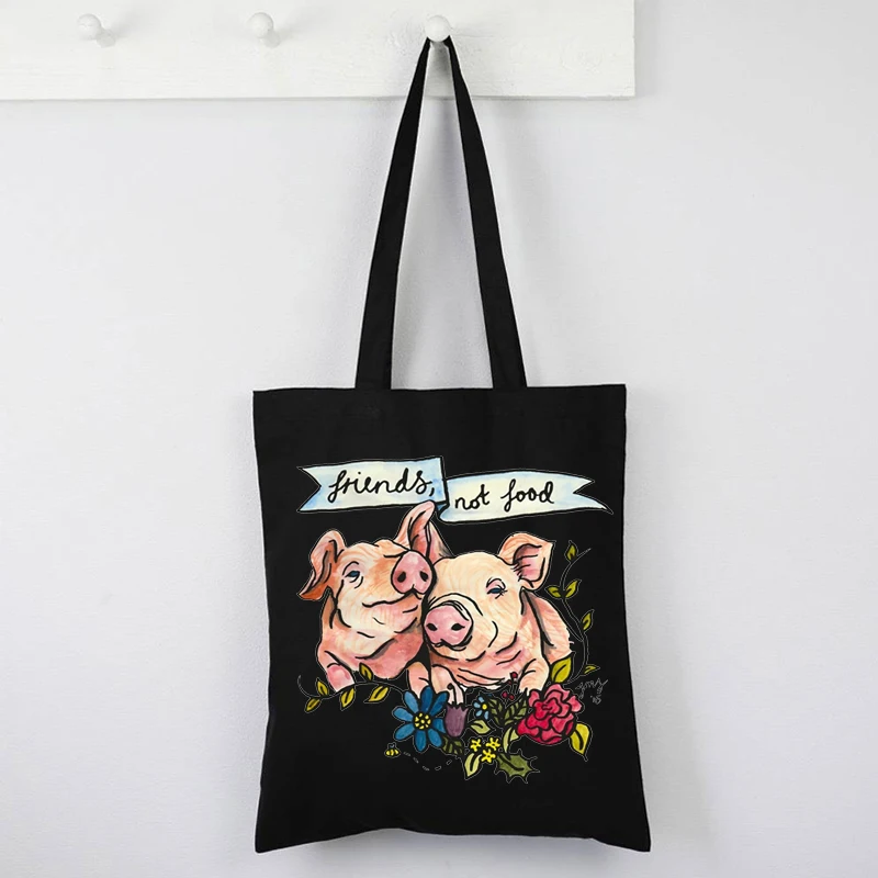

Friends, Not Food Shopping Bag Reusable Pig Veggie Canvas Bag Fashion Vegan Tote Bags Eco Friendly Custom Shopping Bags Girl
