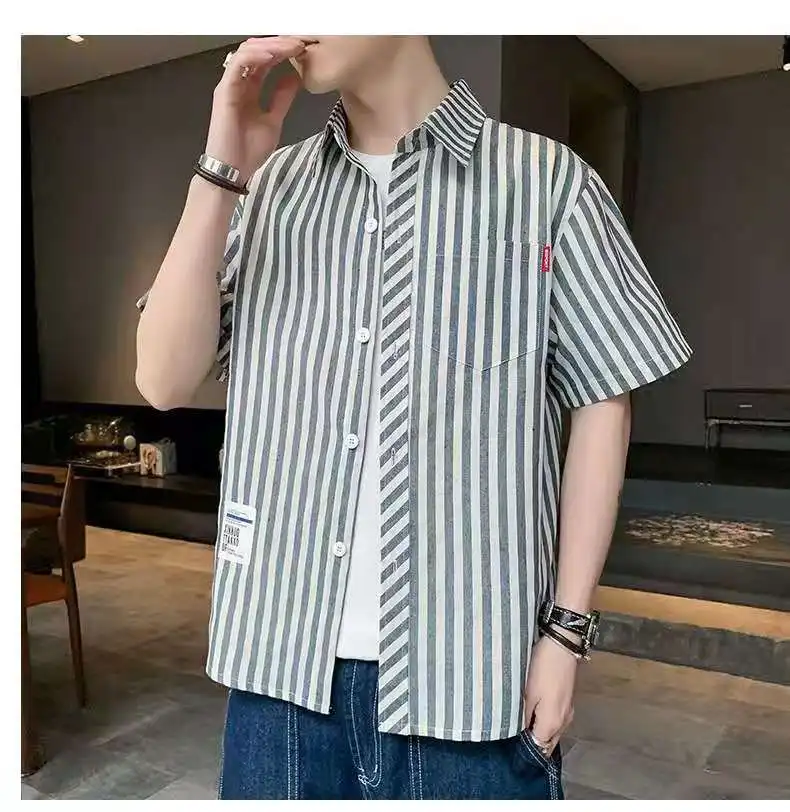 

Men's Summer Shirt 2021 New Trend Short Sleeve Lapel Stripe Fashion Slim Men