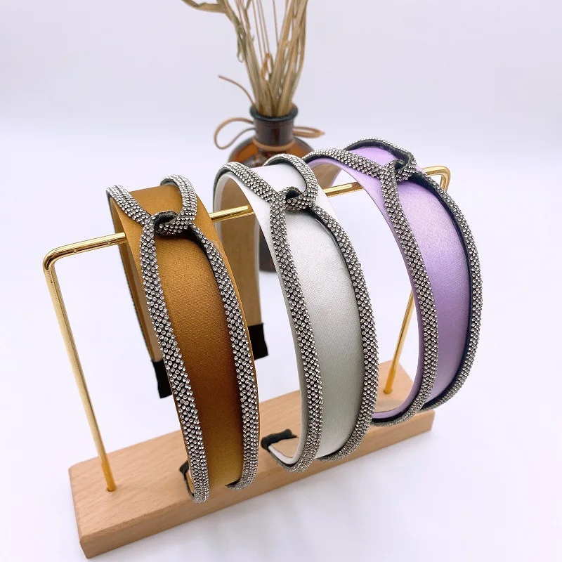 

New Solid Color Rhinestone Chain Knotted Headband Fashion Double Row Rhinestone Middle Knot Wide Brim Press Hair Headdress