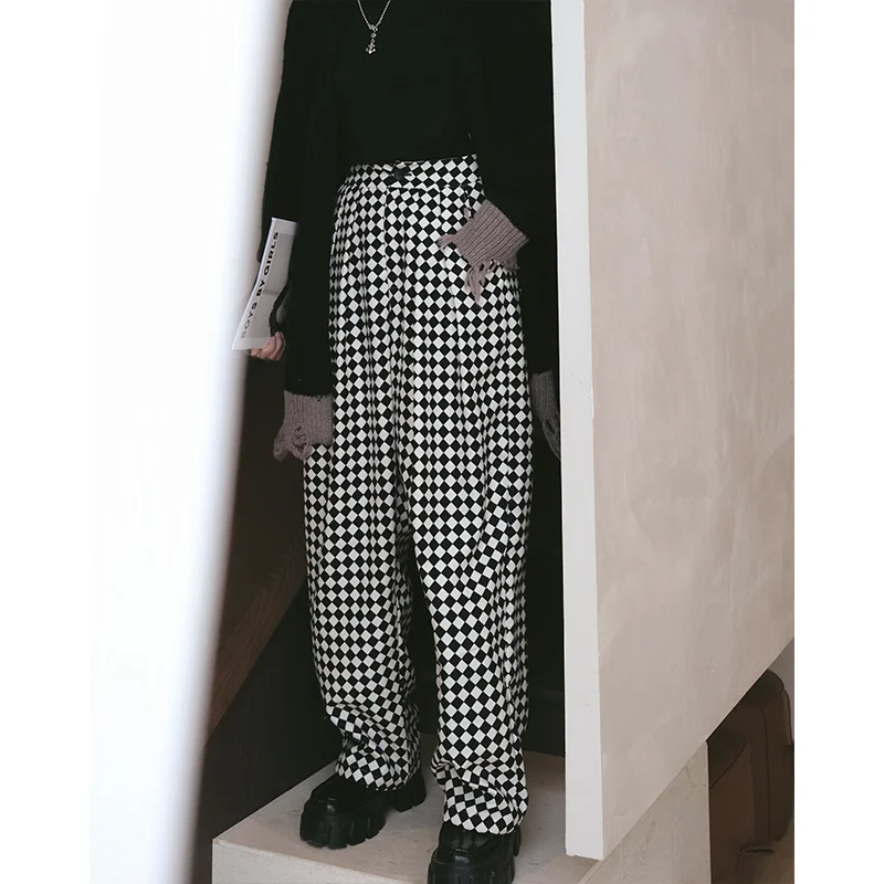 

Брюки женские повседневные в шахматную клетку с высокой талией и широкими штанинами