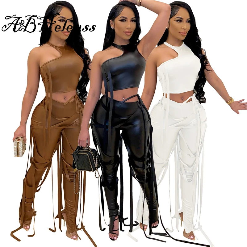 

Женский уличный сексуальный бандажный жилет из искусственной кожи без рукавов, укороченный топ, брюки-карандаш с разрезом, комплект из 2 пре...