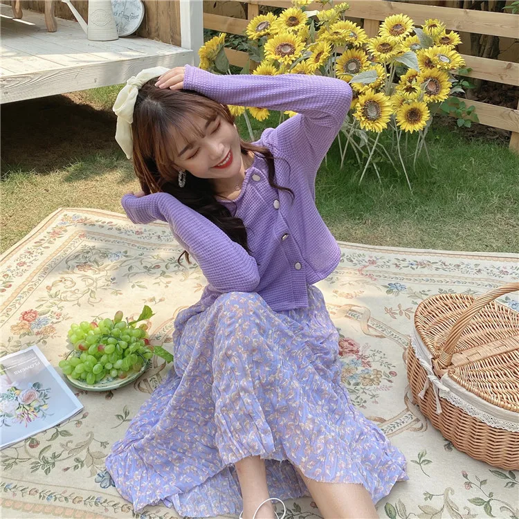 Женская длинная юбка винтажная эластичная фиолетовая с высокой талией и