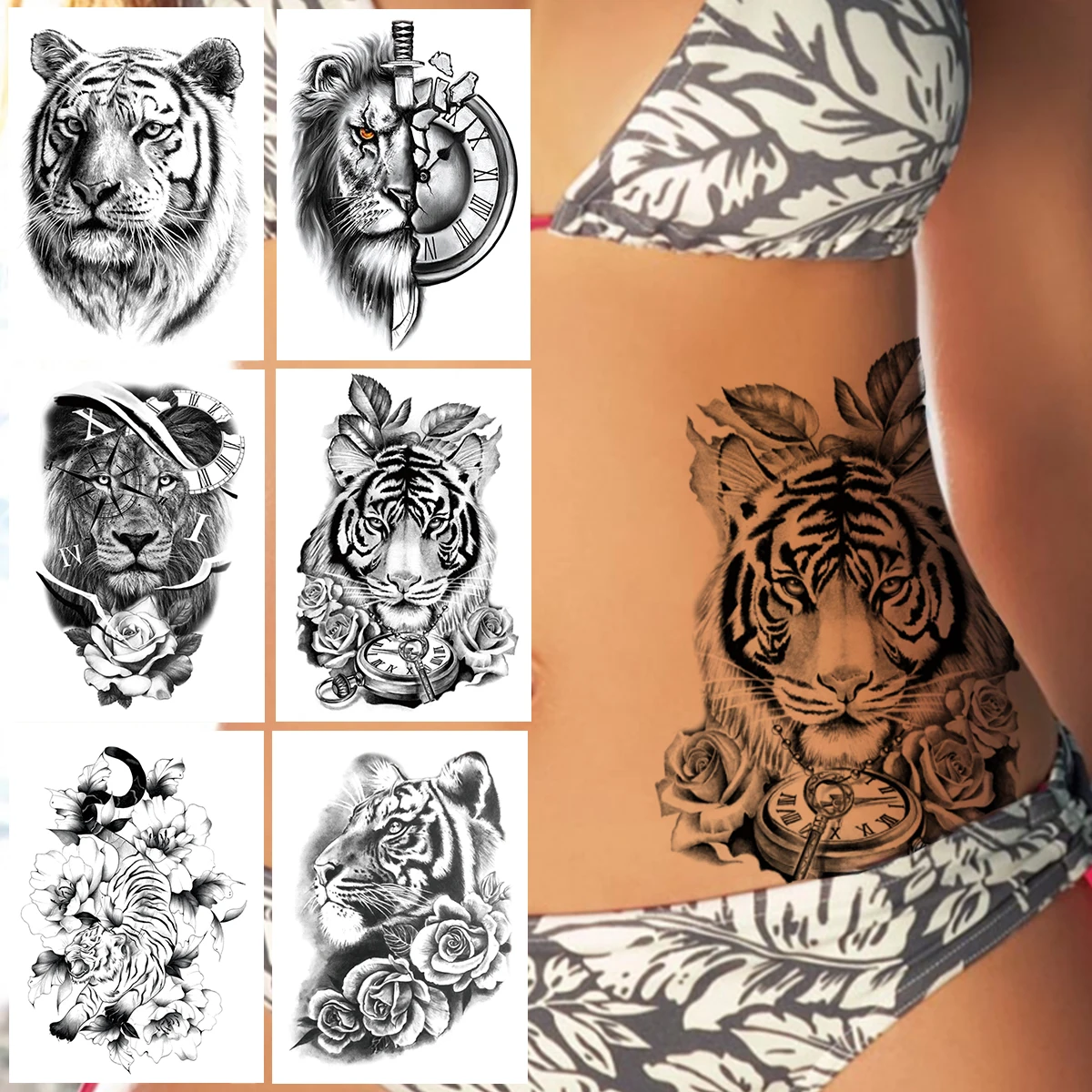 Тигр пион компас Временная тату для женщин мужчин взрослых детей цветок Лев