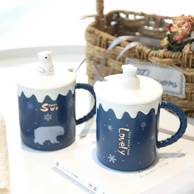 Creative bear ceramic mug cartoon mark cup coffee with lid and spoon | Дом и сад