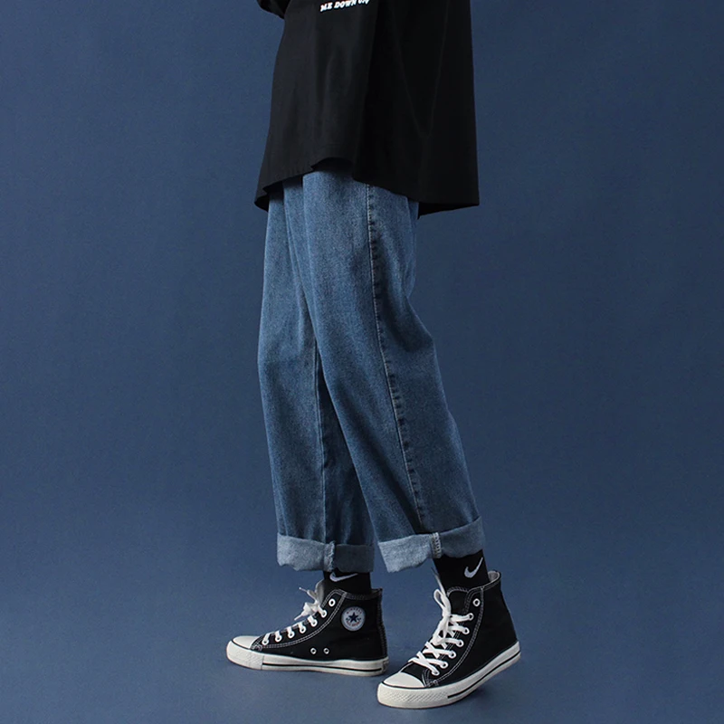 

Men Jeans Solid Loose Denim Trendy All-match Straight Males Leisure Chic Baggy Cowboy Trousers Harajuku Retro Cool Simple New