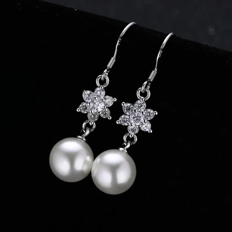 

925 Sterling Silver Tassel Round Pearl Crystal Flower Stud Earrings For Women Party Wedding Jewelry Pendientes eh170