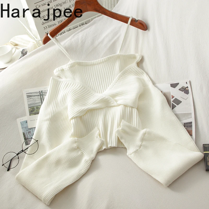 

Свитер с имитацией двух длинных рукавов в стиле харадзпи, женский свитер с открытыми плечами на подтяжках, Новинка весна-осень 2021, модные св...