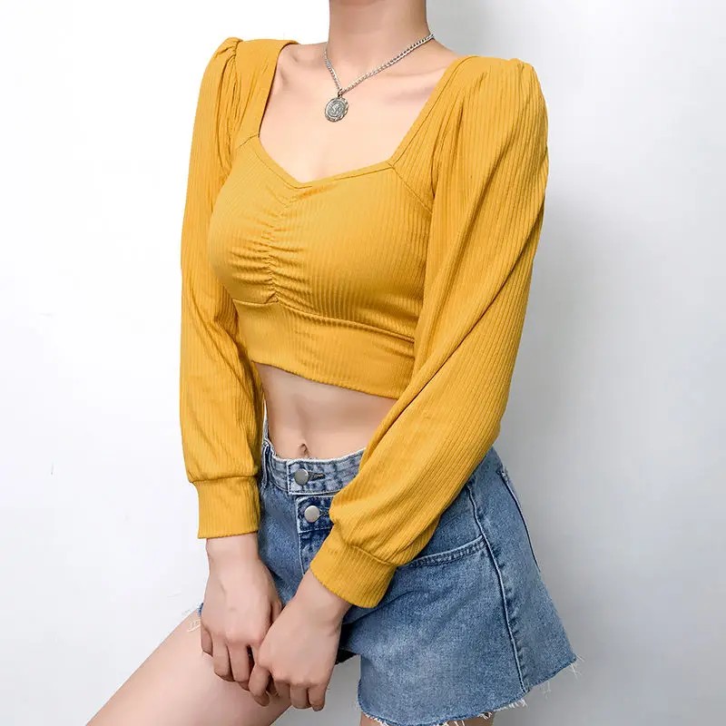 

Women Long Sleeve Crop Tops Sexy Square Collar Basic Solid Black Lady Casual Tshirt Sexy Off Shoulder T Shirts Summer Autumn Top