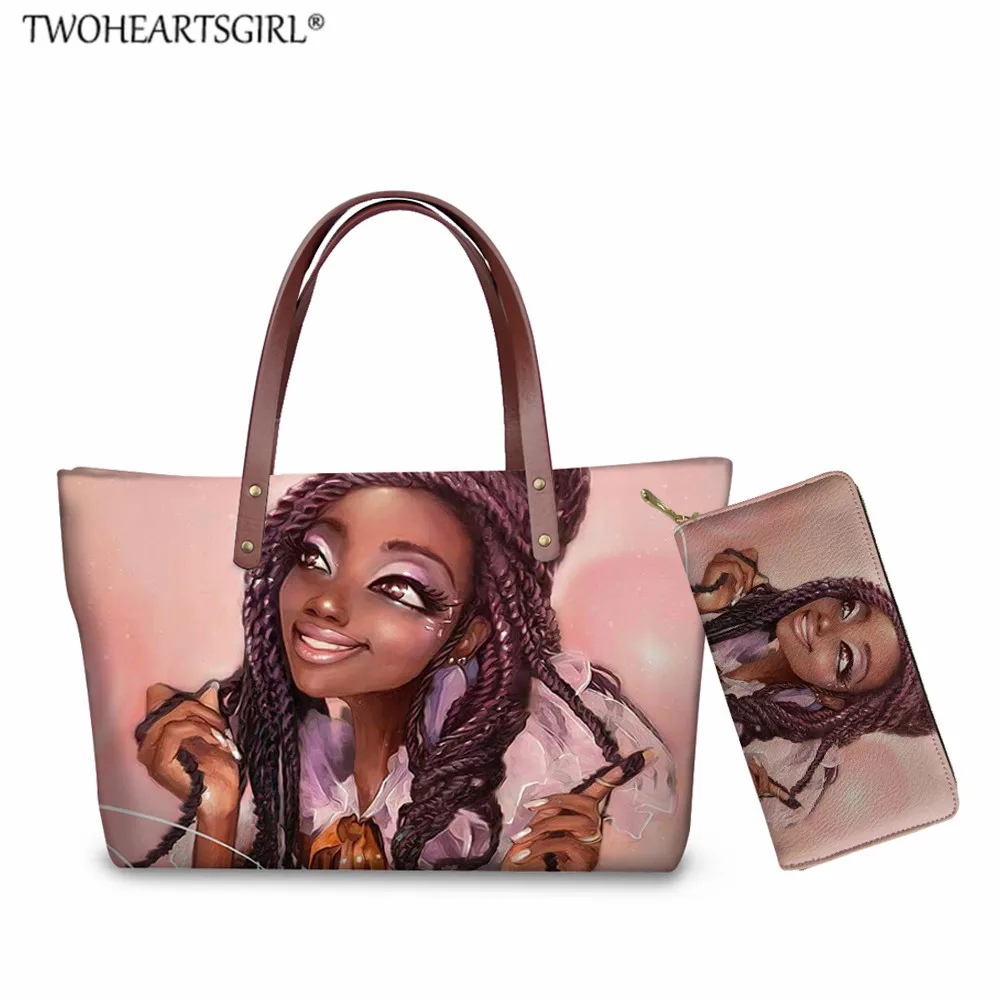 

TWOHEARTSGIRL Kawaii African Girls Printed American Women Beach Handbags For Ladies Big Size Hand Bag&Wallets Bolsa feminine