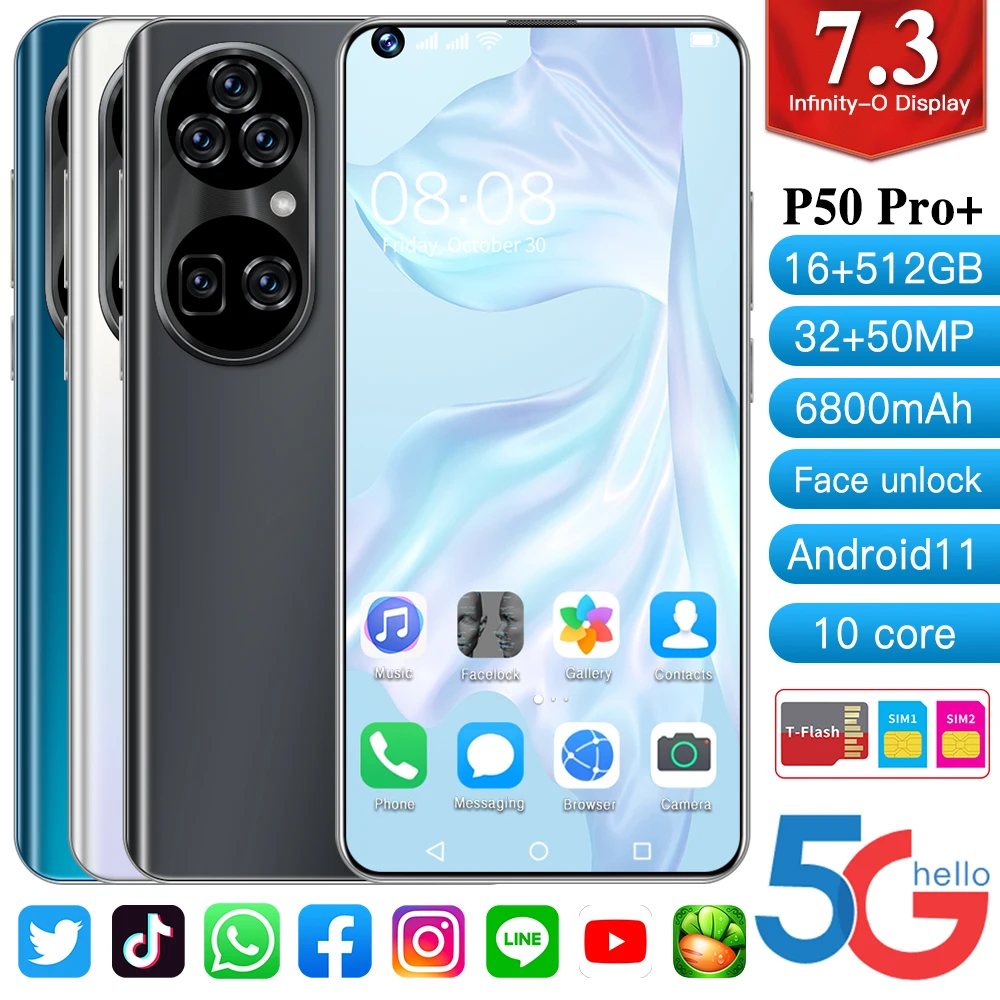 

Global Version P50 Pro+ Smartphone 7.3 inch Full Screen 16G+512GB 32+50MP Android 11.0 Dual SIM Face recognition Cellphone
