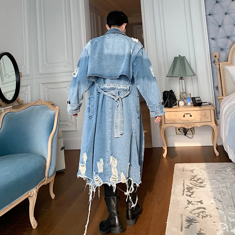 Мужской джинсовый Тренч в стиле панк рок синий черный рваный длинный винтажный