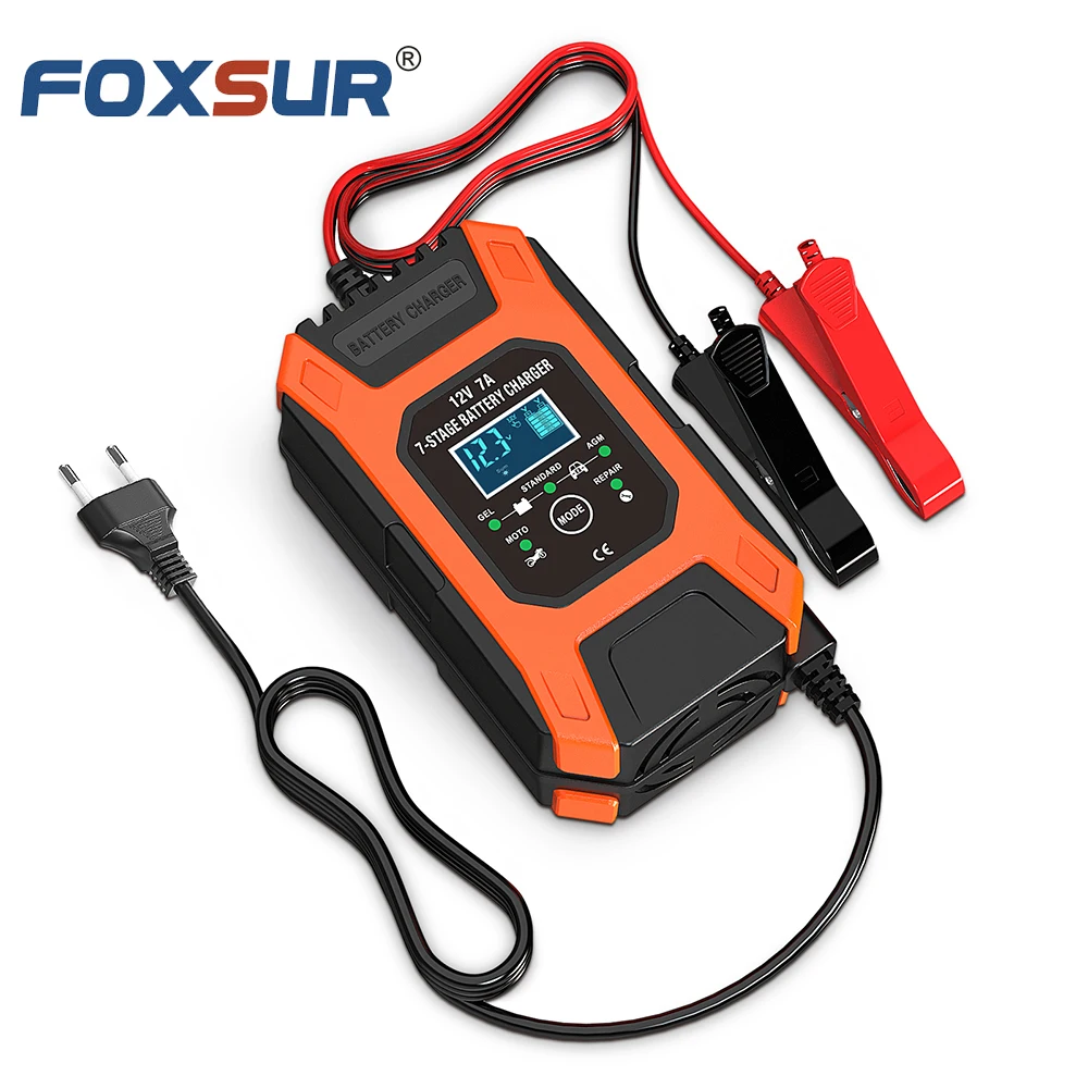 FOXSUR Battery Charger 12V, 7-Amp Charger for Cars,7 Stage Automatic Smart Motorcycle Charger for Lead-Acid AGM GEL SAL WET