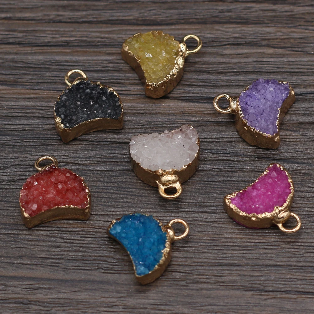 

Natural Druzy Crystal Pendants Crescent Moon Gold plated Druzy for Jewelry Making Women Necklace Earrings Accessories