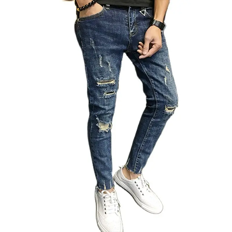 

Men's Painted Slim Fit Straight Ripped Distressed Pleated Knee Patch Denim Pants Stretch Jeans 2021