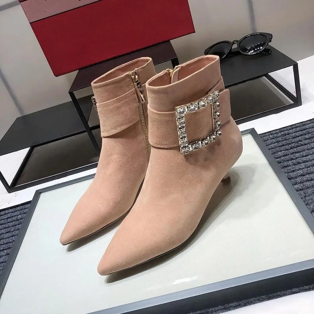 

Luxury Brand Rhinestone Buckle Decor Women Ankle Boots Genuine Leather Pointed Toe High Heels Short boots Party Dress Short Boot