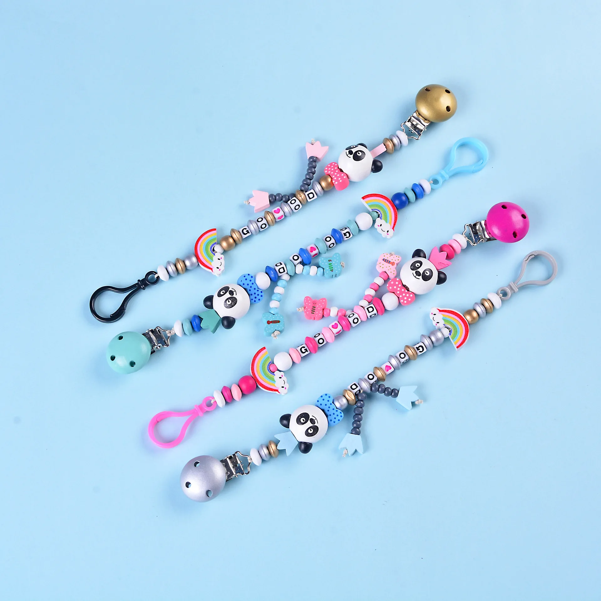 Baby Handmade Personalized Silicone Pacifier Chains Safety Beads Teether Panda Clips Anti-dropping Feeding Holder Soother Nipple