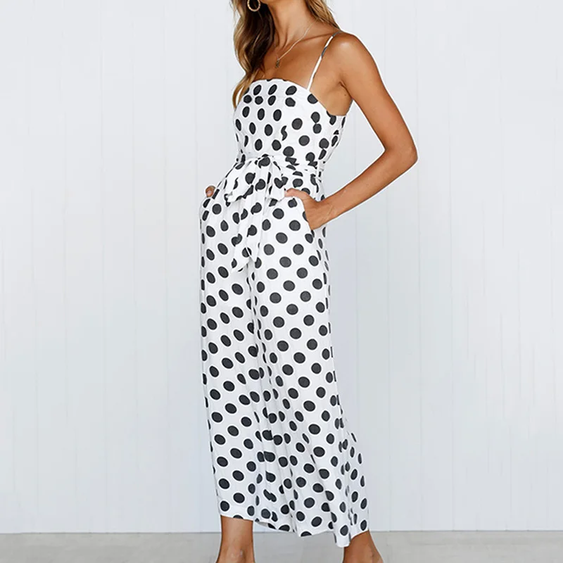 

Womens Strappy Holiday Playsuit Ladies Jumpsuit Beach Dot Printed Wide Leg for Summer FS99