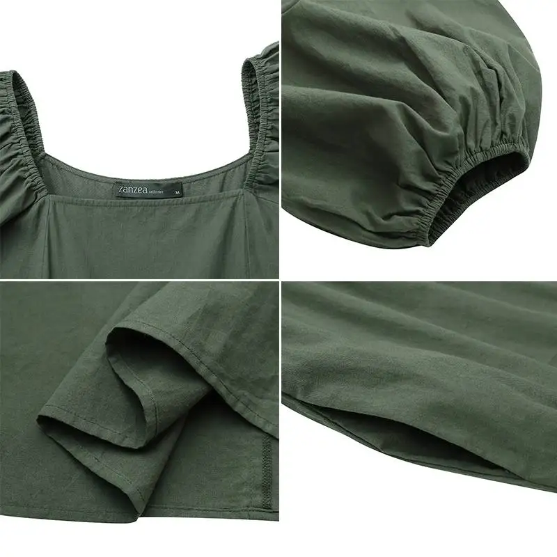 

2021 ZANZEA Short Puff Sleeve Vestidos Stylish Square Neck Ruffle Dress Women's Casual Sundress Female Solid Maxi Robe Oversized