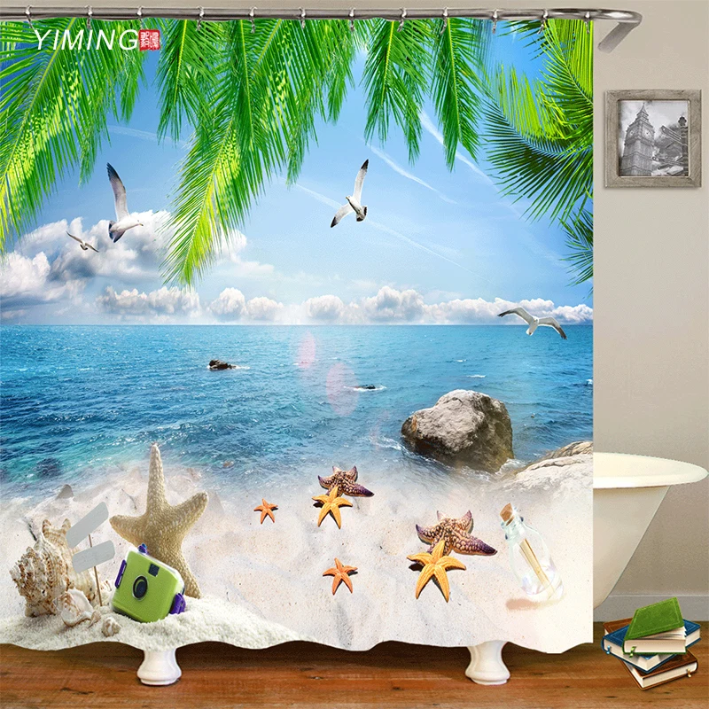 Ванная комната 3D занавеска для душа приморский пляж с волнистым принтом