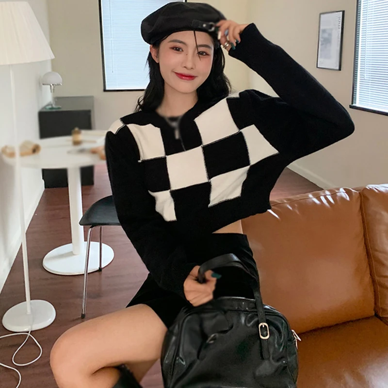 

Fashion Knitted Plaid Pullover Sweater For Women Autumn New Cropped Long Sleeve O-Neck Slim Korean All-Match Casual