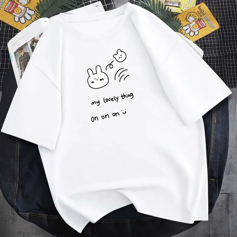 

Cute Letters Rabbit Cartoon Printing Cotton Summer Short-Sleeved Daily Simple New Breathable T-Shirt Neutral Round Neck Top