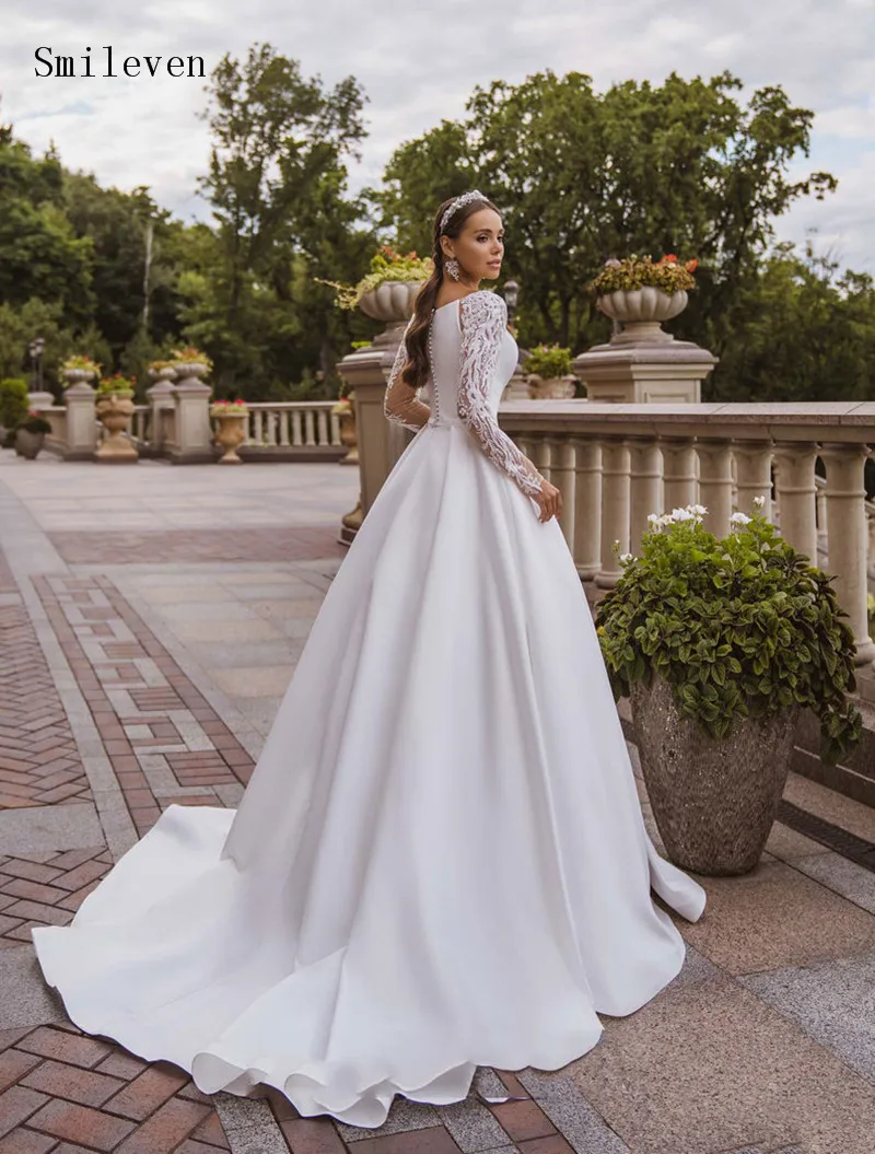 Атласное свадебное платье Smileven ТРАПЕЦИЕВИДНОЕ кружевное принцессы с длинным