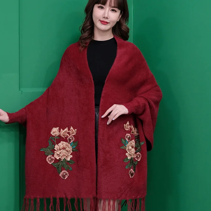Factpry Price Mink Wool Feeling Women Winter Poncho With Sleeve Shawls and Wraps Pashmina Scarf Stoles Capes |