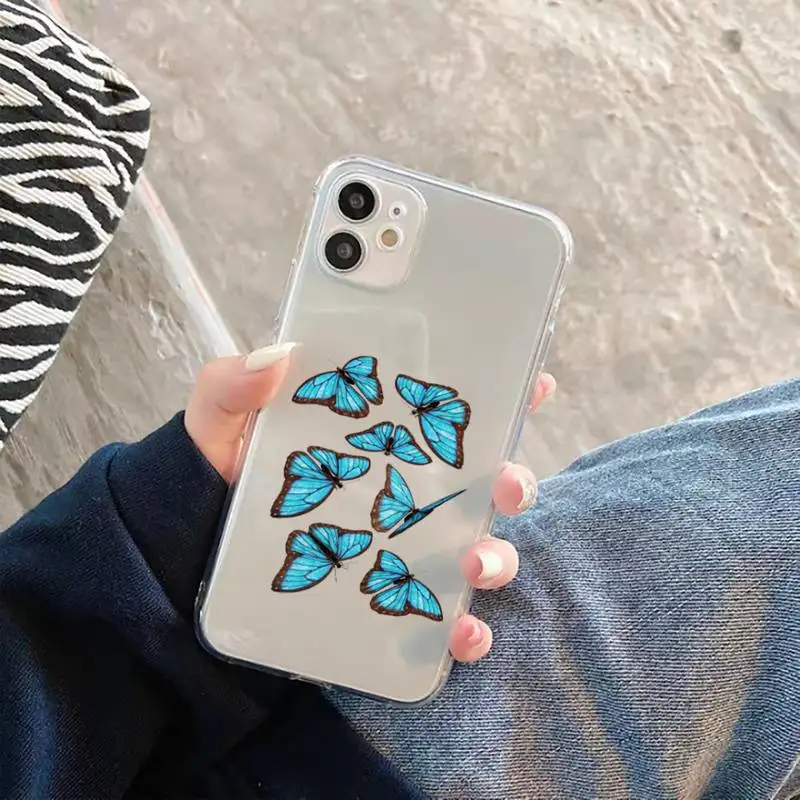 

Blue Butterfly Phone Case Transparent for iPhone 12 11 mini pro XS MAX 6 6S 8 7 Plus X 5S SE 2020 XR