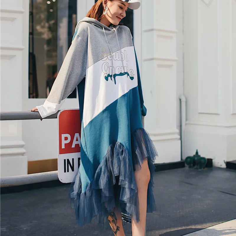 LANMREM свитер с капюшоном и длинными рукавами вышивкой сеткой неровное свободное