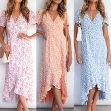 2021 Spring New Bohemia Floral Dress Women Casual V Neck High Waist Short Sleeve Print Dress For Women Fashion Summer Dress