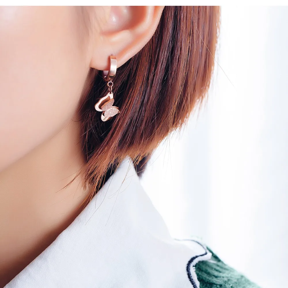 

Cyue Simple Temperament Long Rose Gold Titanium Steel Butterfly Earrings Women's Personality Trend