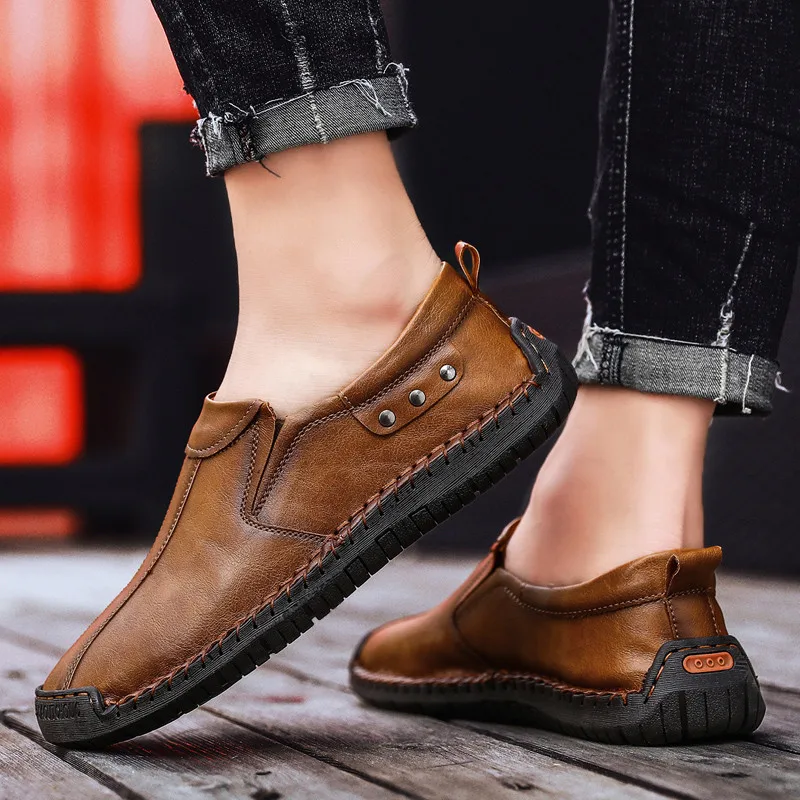 Men Casual Shoes Handmade sewing genuine Leather Loafers Outdoor Men's Quality lace up Flat Moccasins Sneakers | Обувь