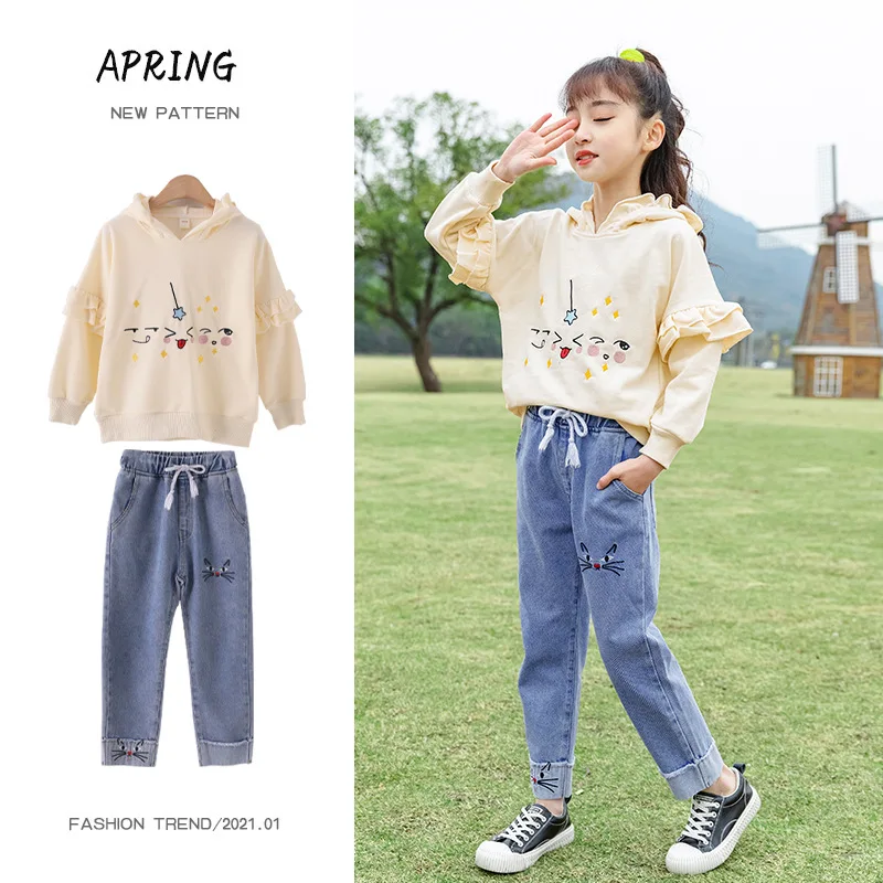 

Fashion Kids Girls Clothing Set Cartoon Cat Hooded Coats and Denim Pants 2 Piece Outfits Costumes for Kids Children Sport Sets