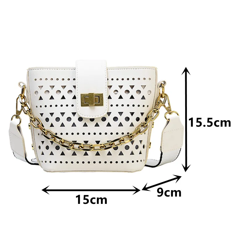 

Metal Chain Women's Tote Bag Hollow Out Handbags Luxury Small Pu Leather Crossbody Bag Ladies Wide Shoulder Strap Messenger Bags