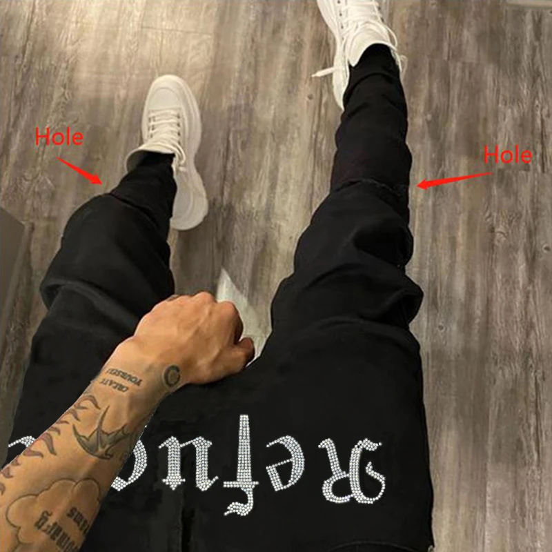 2021 Men Black Trousers Hole Pencil Pants Stretchy Ripped Skinny Biker Hot Drill High Quality Street Punk Washed Destroyed Jeans