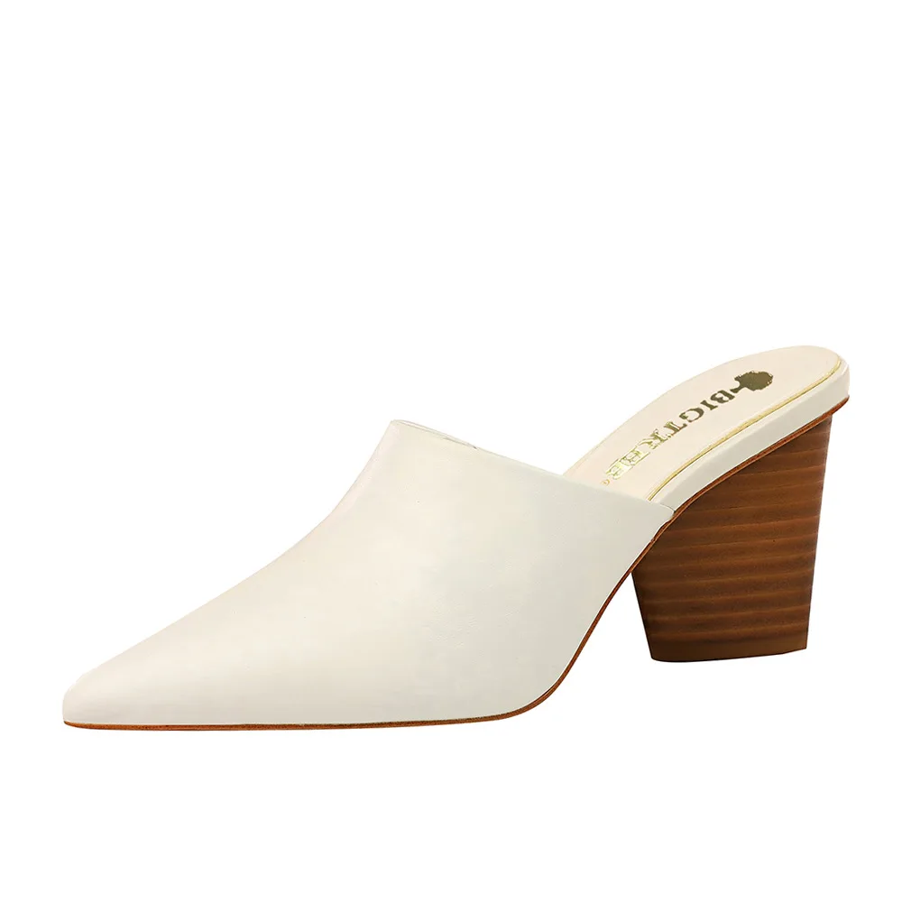 

Retro British-Style Baotou Wooden Heel Chunky High Heel Mid-Mouth Pointed Daily Loafer Women's Slippers