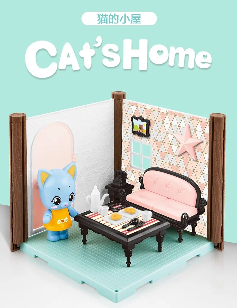 Кошка комната Китти настоящая сцена игрушка милый домик спальня кухня