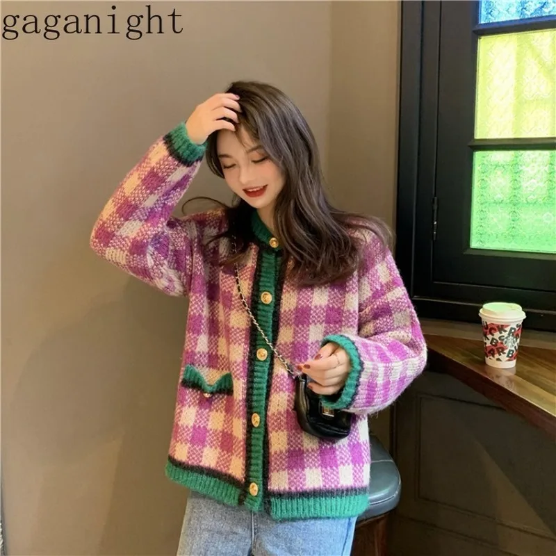 Женский винтажный кардиган в клетку Gaganight розовый вязаный с длинным рукавом и