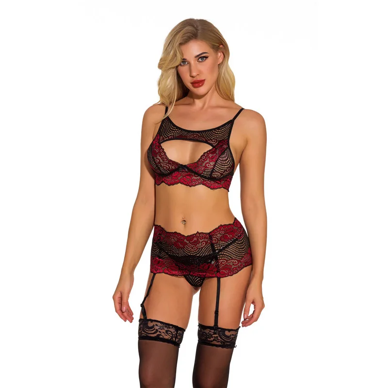 

Sexy Underwear Set 3D Spiral Pattern Hollow Perspective Three-piece Suspender Stockings Bra Thong Women Bodysuit See Through